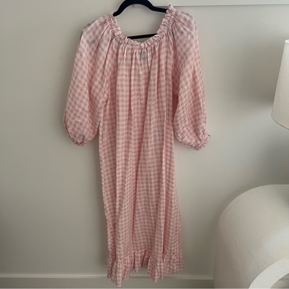 Sleeper Women’s Linen Lounge Dress Puff Sleeve Ruffle Hem in Pink Check - Picture 7 of 8